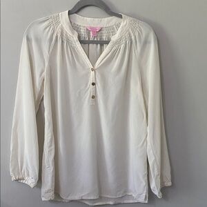 Lilly Pulitzer Elsa Silk Cream V-Neck Long Sleeve Top Blouse